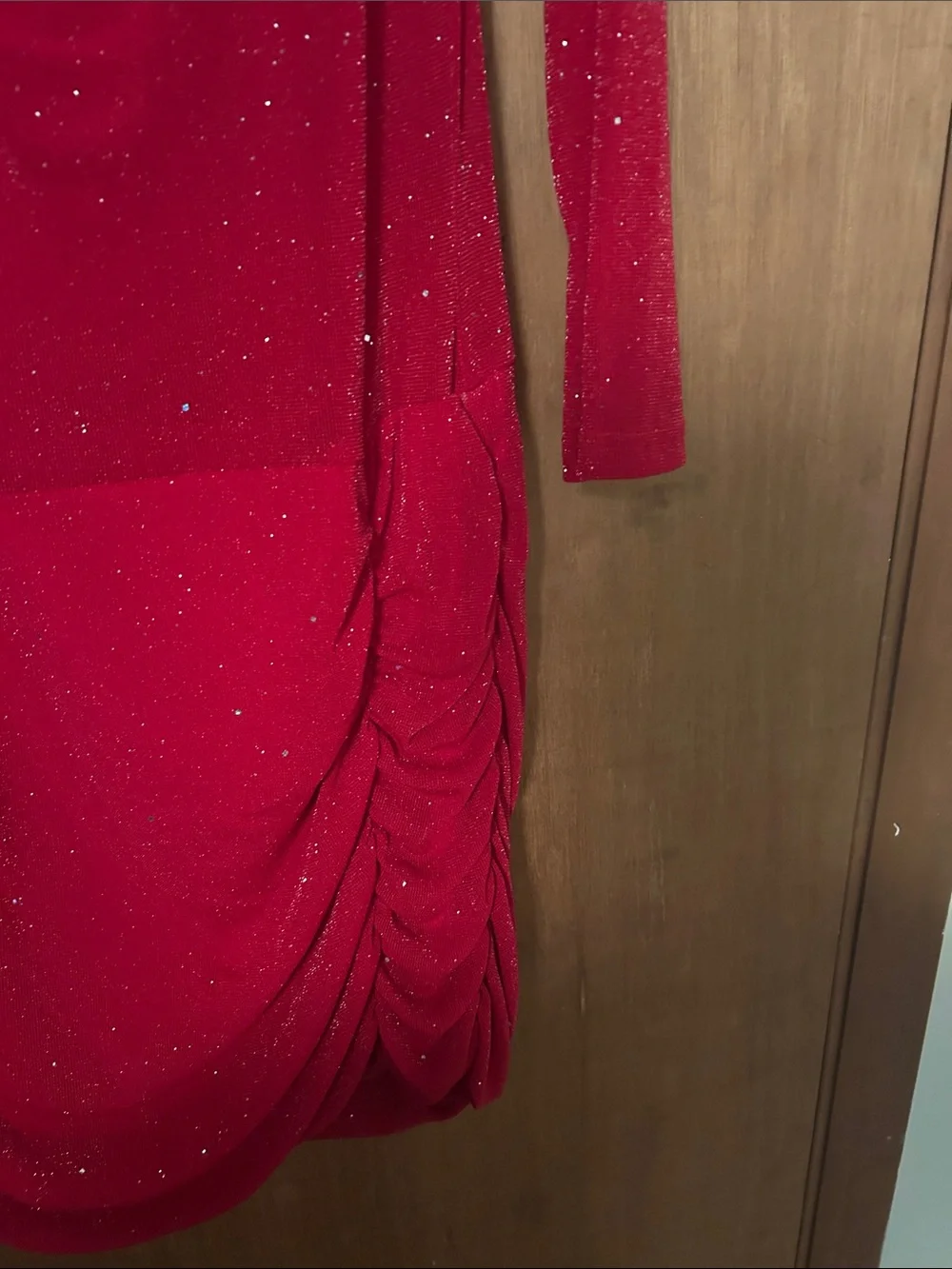 Red Draped Sparkle Long-Sleeve Women’s Dress